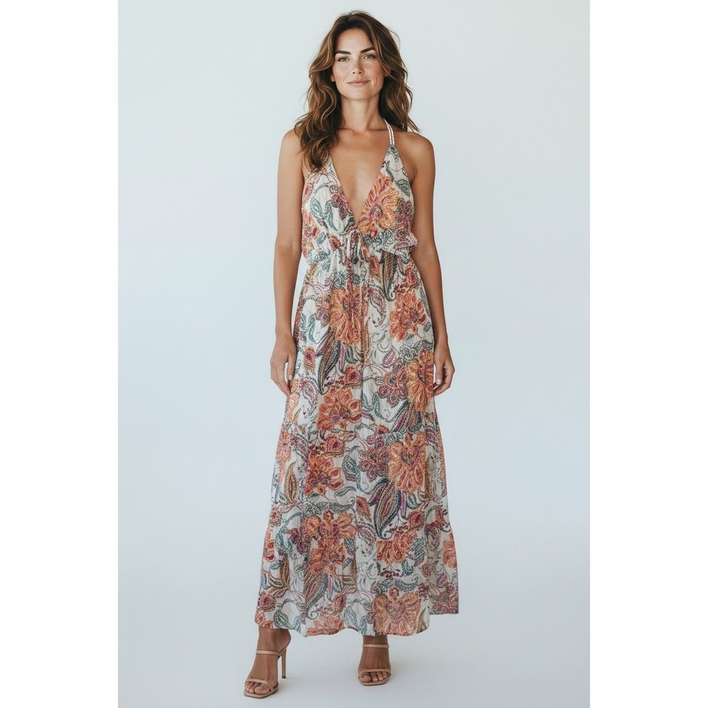 Like Love Boho Paisley Maxi Dress Orange Pink Teal Braided Straps Gold Thread